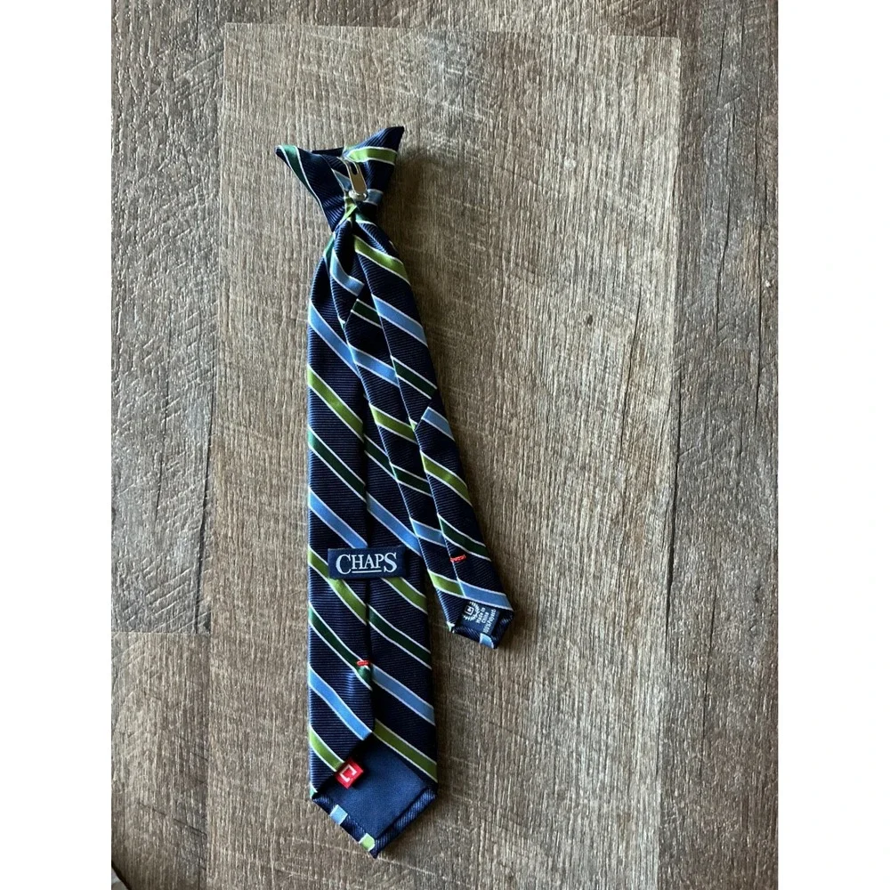 Chaps Boys Navy Blue Green Striped Clip-On Necktie Formal School Uniform Tie